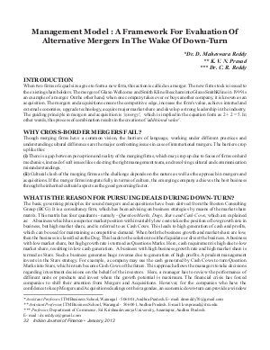 IJM-Jan12-Article5-MANAGEMENT MODEL: A FRAMEWORK FOR EVALUATION OF ALTERNATIVE MERGERS IN THE WAKE OF DOWN-TURN
