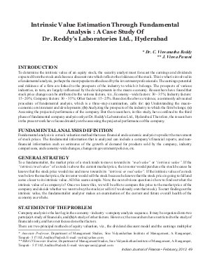 IJF-Feb12-Article7-INTRINSIC VALUE ESTIMATION THROUGH FUNDAMENTAL ANALYSIS : A CASE STUDY OF DR. REDDY’S LABORATORIES LTD., HYDERABAD