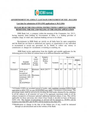 IDBI Bank to Hire 500 Executive Posts; Apply before 30 Nov 2016 