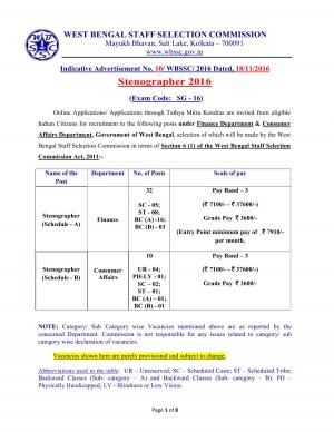 WBSSC Recruitment 2016 for 42 Stenographer Posts; Apply before 20 Dec 