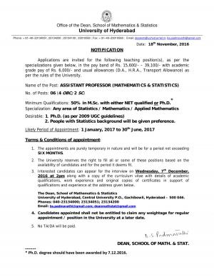 University of Hyderabad Recruitment 2016 for 06 Assistant Professor Posts