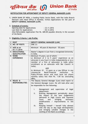 Union Bank of India is hiring for Deputy General Manager (Law) Post
