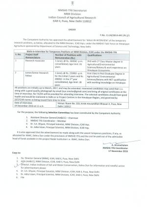 ICAR Recruitment 2016 for 02 RA and Junior / Senior Research Fellow Posts