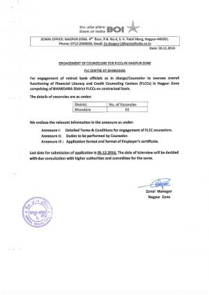 Bank of India for FLCC Inchage Counselor