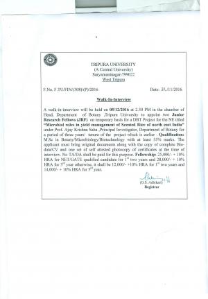 Tripura University, Walk-in Interview for 02 JRF Posts on 5 December 2016