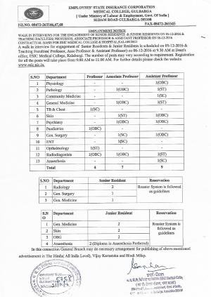 ESIC Gulbarga Recruitment 2016 for 32 Teaching Faculties, Sr. Residents and Jr. Residents Posts   