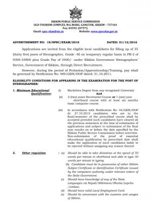Sikkim PSC Recruitment 2016 for 35 Stenographer Posts