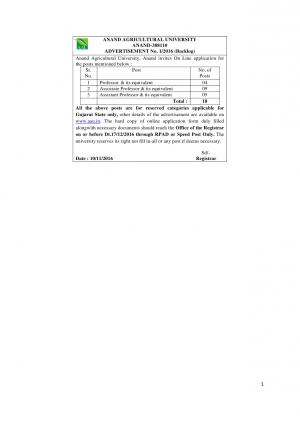 AAU Gujarat Recruitment 2016 for 18 Faculty (Backlog) Posts, Apply before 17 December 