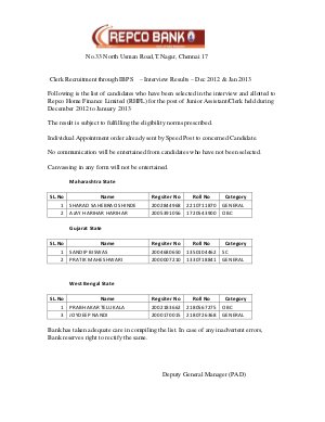 Interview Result Repco Bank Jr Assistant