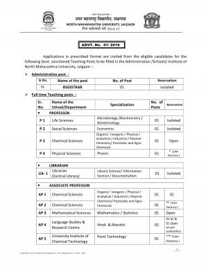 NMU, Jalgaon Recruitment 2016 for 17 Registrar & Other Posts