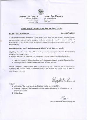 Assam University Recruitment 2016 for 06 Guest Faculty Posts