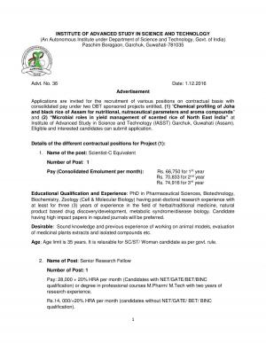 IASST Recruitment 2016 for 03 Scientist-C & Other Posts