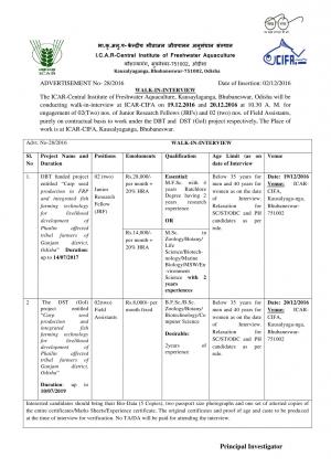 ICAR-CIFA Recruitment 2016 for 04 Junior Research Fellow & Field Assistants Posts