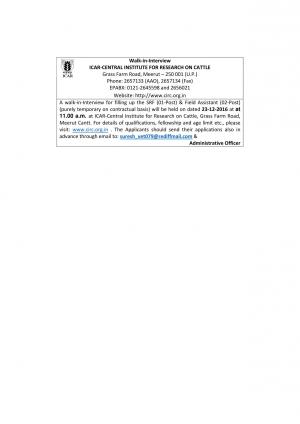 ICAR-CIRC, Meerut Recruitment 2016 for 03 SRF & Field Assistant Posts
