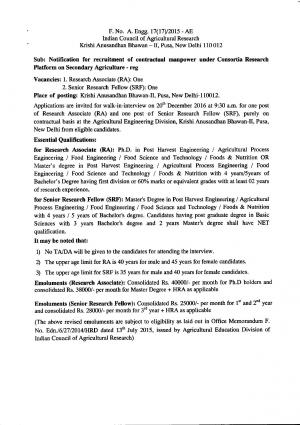 ICAR Recruitment 2016 for 02 Research Associate and Senior Research Associate Posts