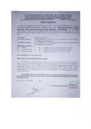 Government Medical College, Uttarakhand Recruitment 2016 for 21 Faculty Posts 