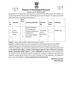 ISR Recruitment 2016 for 3 JRF Posts, Apply by 10 Jan