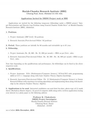 HRI, Allahabad Recruitment 2016 for 04 RA/ Post-Doctoral Fellow and Project Assistants Posts