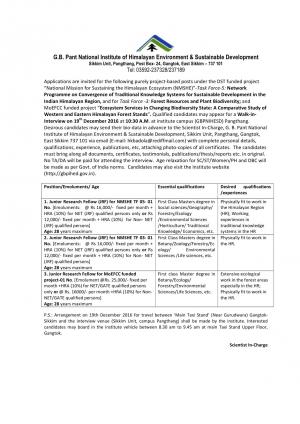 GBPIHED Recruitment 2016 for 03 Junior Research Fellow Posts