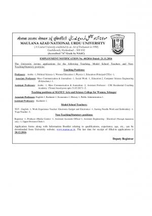 MANUU Recruitment 2016 for 23 Teaching and Non Teaching Posts