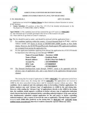 ASRB, New Delhi Recruitment 2017 for 22 Senior Scientists Posts