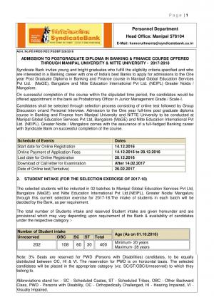 Syndicate Bank Recruitment 2016, Apply for PGDBF for 400 Probationary Officer Posts