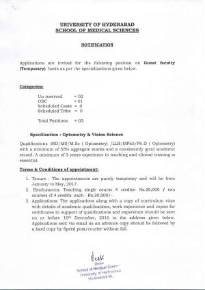 University of Hyderabad Recruitment 2016 for 03 Guest Faculty Posts