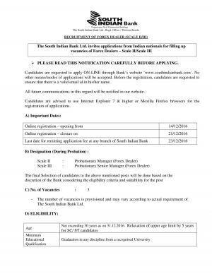 South Indian Bank Recruitment 2016 for Forex Dealer Posts