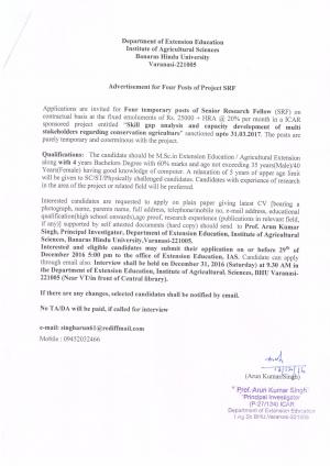 BHU Recruitment 2016 for 04 Senior Research Fellow (RF) Posts