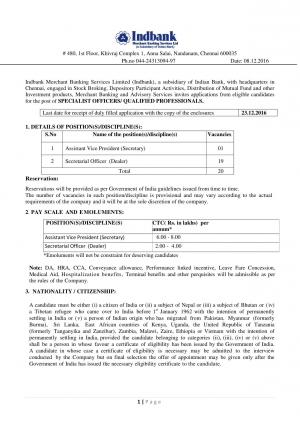 Indbank Recruitment 2016 for 20 Assistant Vice President and Secretarial Officer Posts