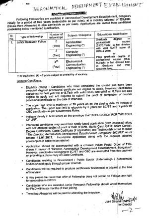 Aeronautical Research Development Establishment Recruitment 2016 for 08 JRF Posts