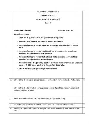 CBSE Class 10 Sample Paper Social Science SA 2 2017 Questions Only