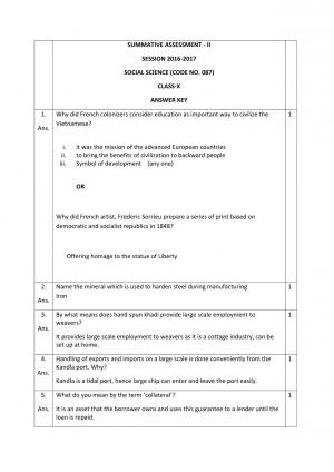 CBSE Class 10 Social Science Answer Key of Marking Scheme 2017
