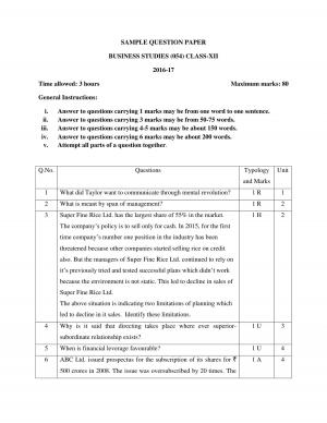 CBSE Class 12 Business Studies Sample Paper 2017 Complete