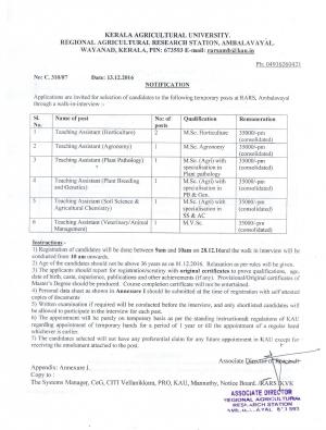 Kerala Agricultural University Recruitment 2016 for 07 Teaching Assistant Posts