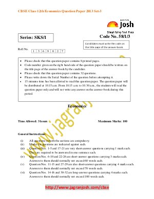 CBSE Class 12th Economics question paper 2013 Set3