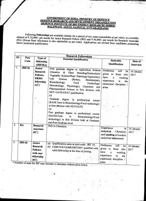Ministry of Defence Recruitment for 18 JRF and RA Posts, Apply by 12 Jan 2017