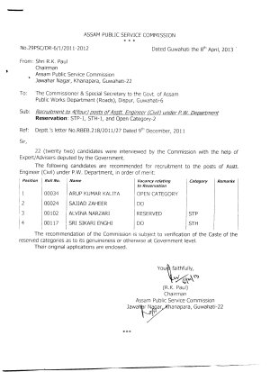 APSC Declared Results for Recruitment to the Posts of Asst Engineer Civil