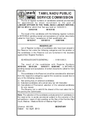 TNPSC Declared Results for Recruitment of Labour Officer 2012