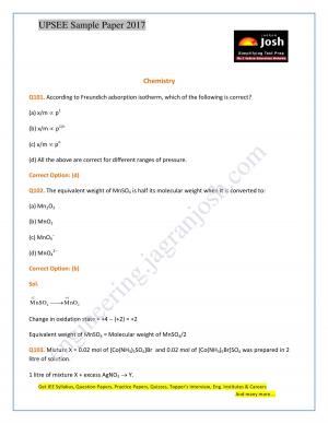 UPSEE Chemistry Sample Paper 2017