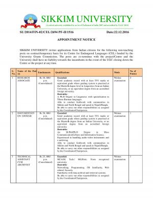 Sikkim University Recruitment for 04 RA & Other Posts, Apply at cus.ac.in