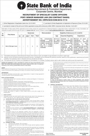 SBI Invited Applications for 6 Senior Manager (Law) Jobs, Apply by 7 Jan 2017