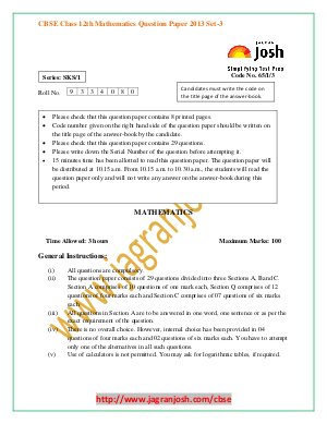 CBSE Class 12th Mathematics question paper 2013 Set 3