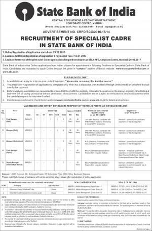 SBI Recruitment 2017, 11 Vacancies, Apply for Specialist Cadre Posts at sbi.co.in 