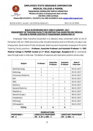 ESIC, Karnataka Recruitment 2017 for 18 Faculty Posts 