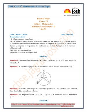 Class 9 Maths Unsolved Practice Paper SA-2 Set VI