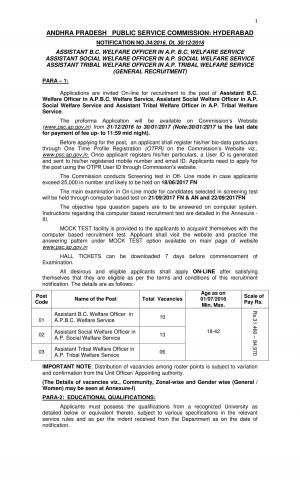 APPSC Assistant B.C. Welfare Officer and Other Jobs Detailed Advertisement