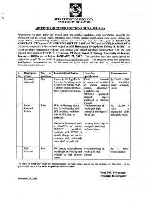University of Jammu Recruitment 2017 for Research Associate and Other Posts