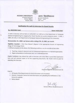 Assam University Recruitment 2017 for 04 Guest Faculty Posts
