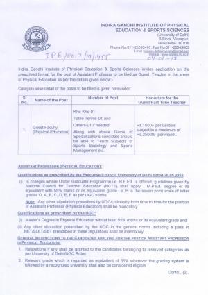 IGPESS, New Delhi Recruitment 2017 for 03 Guest Faculty (Physical Education) Posts